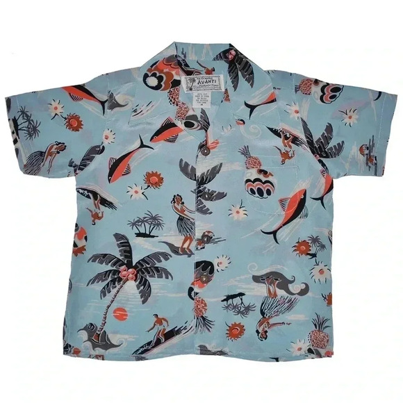 Avanti Surf N Hula Hawaiian Shirt 100% Silk Blue - Picture 1 of 8